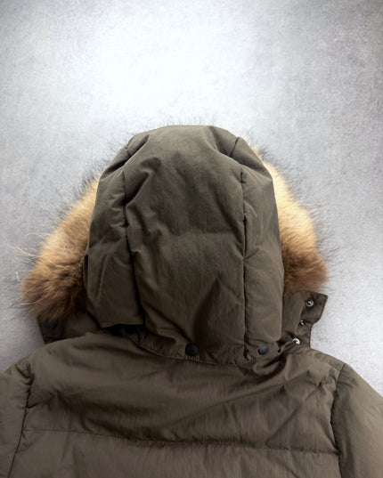 Urban Research puffer jacket hood seen from behind with fur trim and snaps
