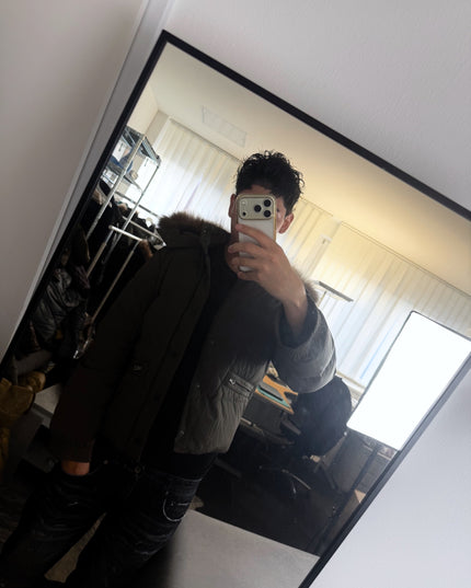 Urban Research puffer jacket inside view showing lining and hem drawcord
